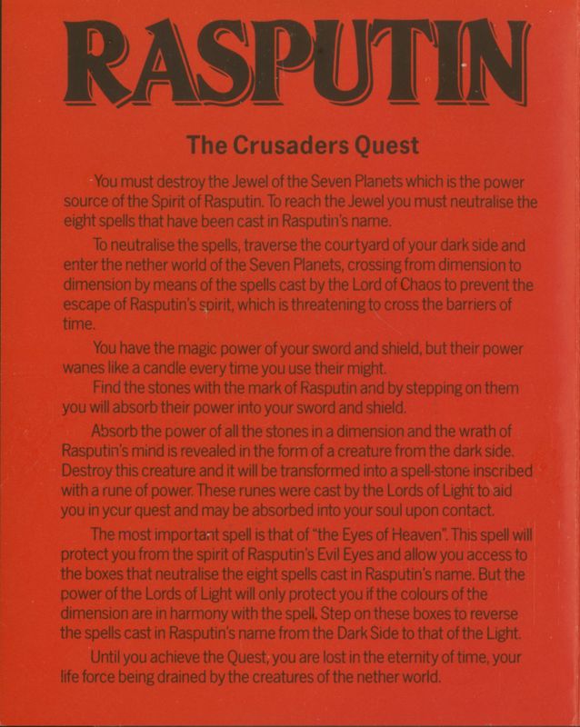 Inside Cover for Rasputin (ZX Spectrum)