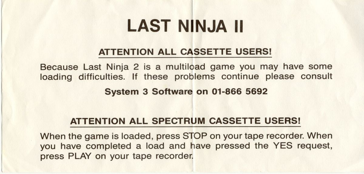 Extras for Last Ninja 2: Back with a Vengeance (Commodore 64) (Limited Edition): Notice