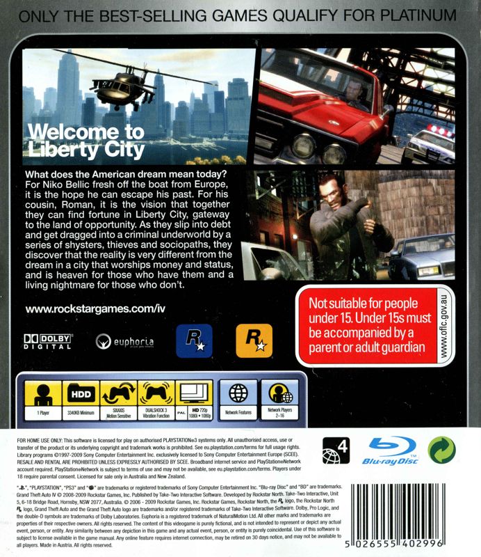 Back Cover for Grand Theft Auto IV (PlayStation 3) (Platinum release)