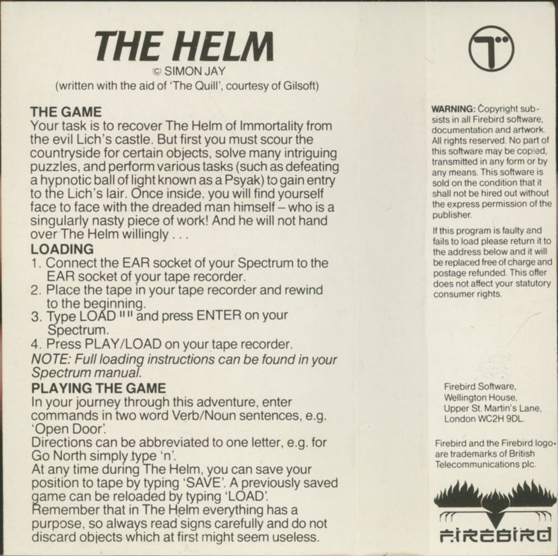 Inside Cover for The Helm (ZX Spectrum)