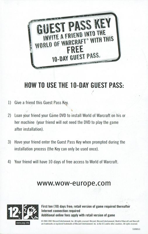 Extras for World of WarCraft: Battle Chest (Macintosh and Windows): Guest Pass - side B