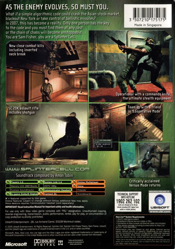 Back Cover for Tom Clancy's Splinter Cell: Chaos Theory (Xbox)