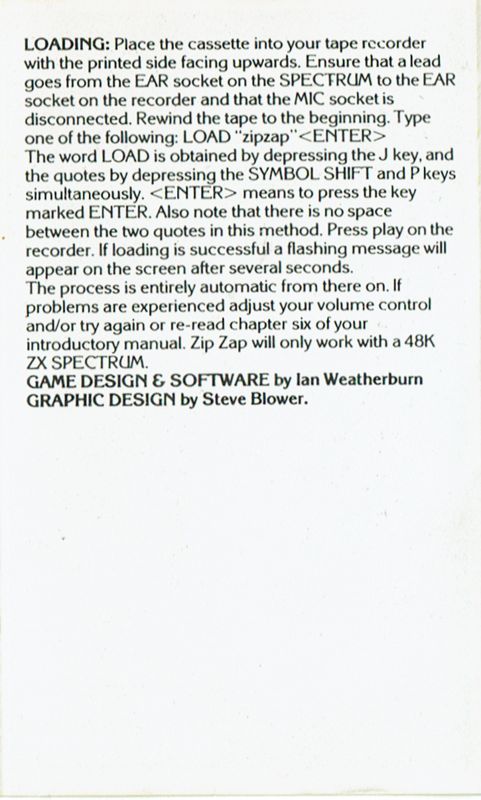 Inside Cover for Zip-Zap (ZX Spectrum)