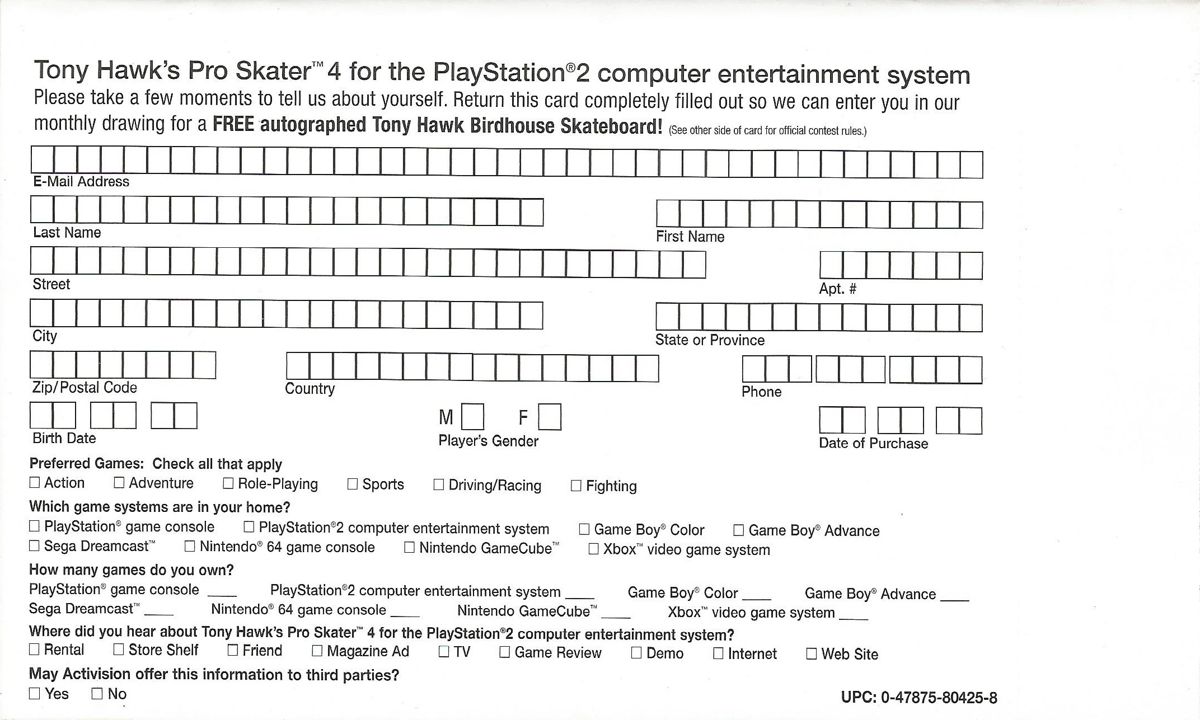 Extras for Tony Hawk's Pro Skater 4 (PlayStation 2): Registration Card - Front