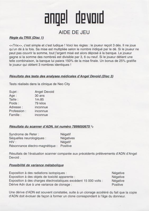 Extras for Angel Devoid: Face of the Enemy (DOS): Tips sheet (back is blank)