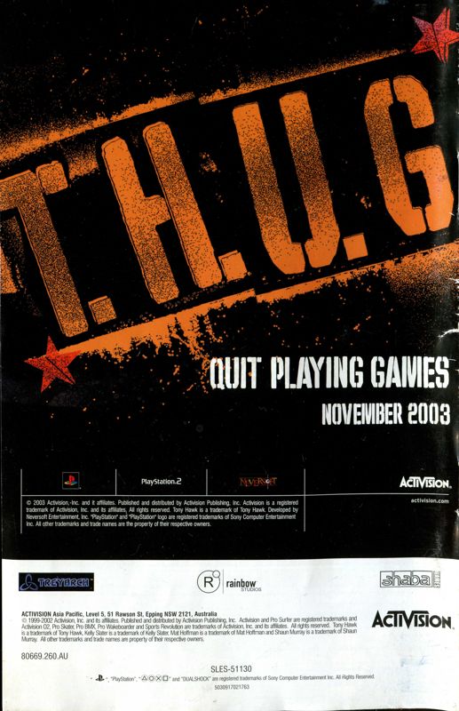 Manual for Tony Hawk's Pro Skater 4 (PlayStation 2) (Platinum release): Back