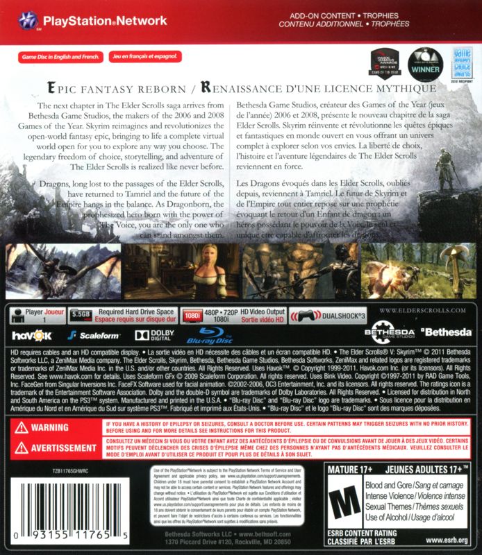 Back Cover for The Elder Scrolls V: Skyrim (PlayStation 3) (Greatest Hits release)