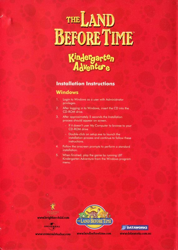 Inside Cover for The Land Before Time: Kindergarten Adventure (Windows): Left