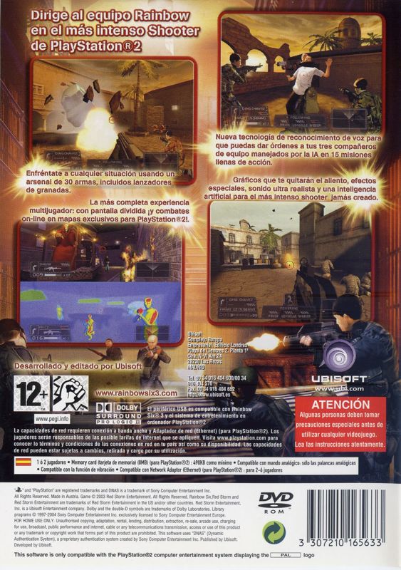 Back Cover for Tom Clancy's Rainbow Six 3 (PlayStation 2)