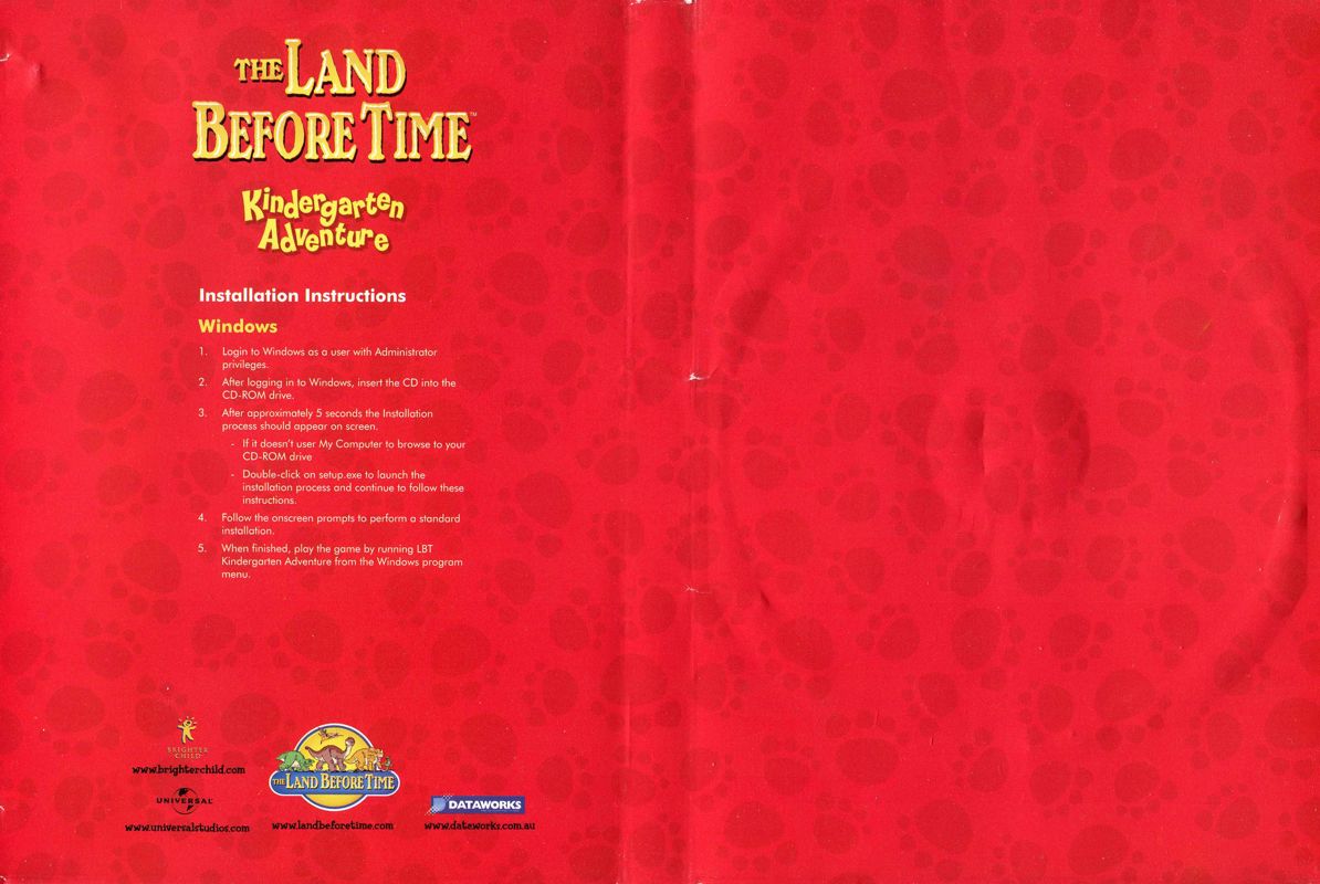 Inside Cover for The Land Before Time: Kindergarten Adventure (Windows): Full
