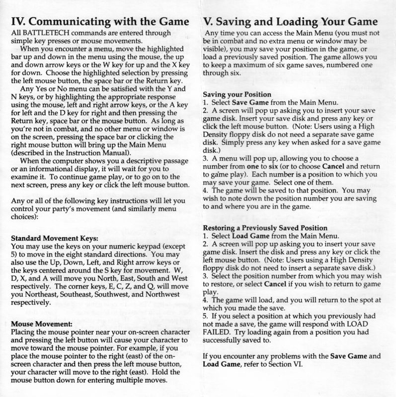 Reference Card for BattleTech: The Crescent Hawk's Inception (Atari ST): 2/4