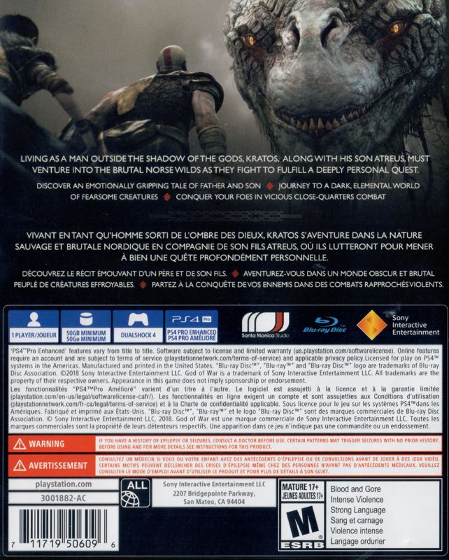 Back Cover for God of War (PlayStation 4)