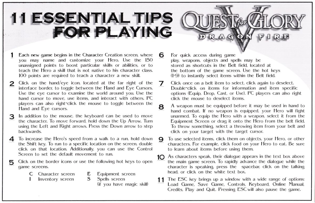 Reference Card for Quest for Glory V: Dragon Fire (Macintosh and Windows): Back
