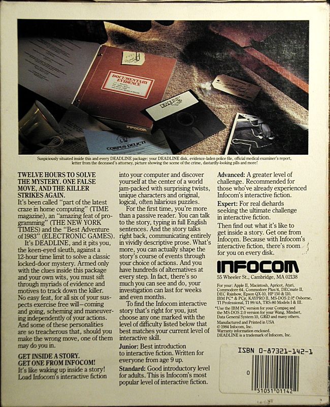 Back Cover for Deadline (Commodore 64) (Grey box release)