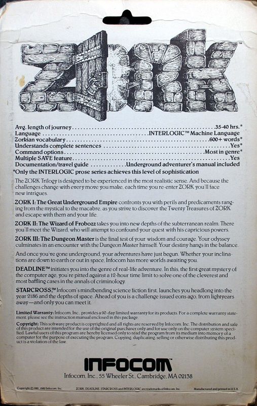 Back Cover for Zork: The Great Underground Empire (Atari 8-bit) (Folio release)