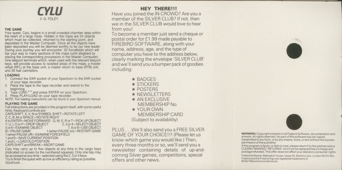 Inside Cover for Cylu (ZX Spectrum)