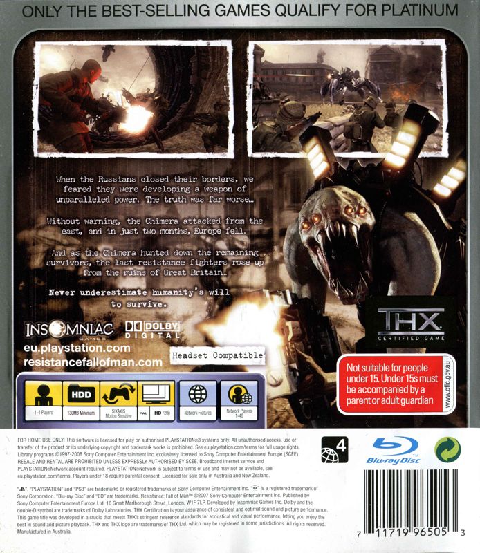 Back Cover for Resistance: Fall of Man (PlayStation 3) (Platinum release)