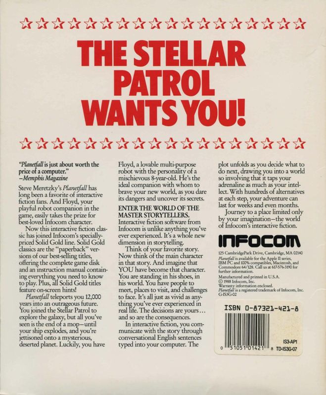 Back Cover for Planetfall (Apple II) (Solid Gold release)