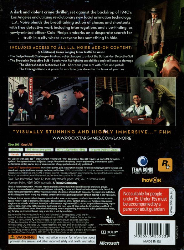 Back Cover for L.A. Noire: The Complete Edition (Xbox 360)