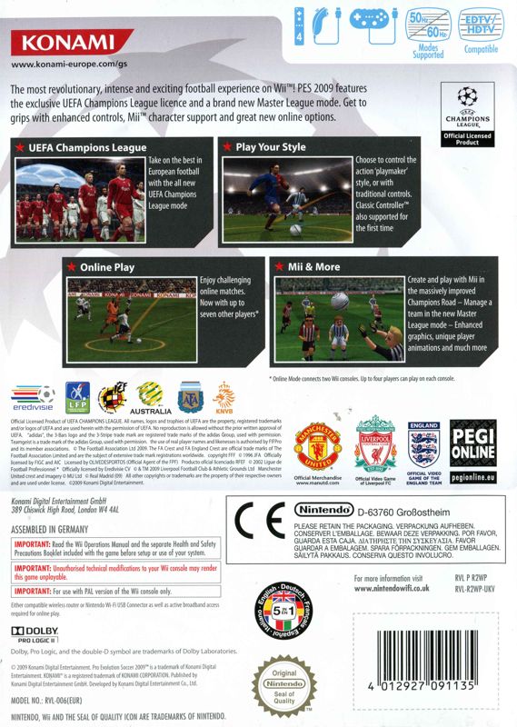 Back Cover for PES 2009: Pro Evolution Soccer (Wii)