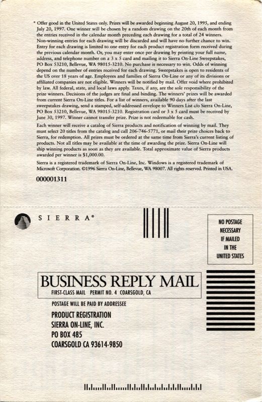 Extras for Robert E. Lee: Civil War General (Windows and Windows 3.x): Registration Card - Back