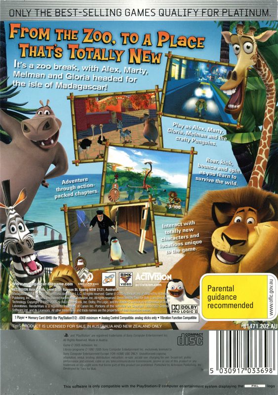 Back Cover for Madagascar (PlayStation 2) (Platinum release)