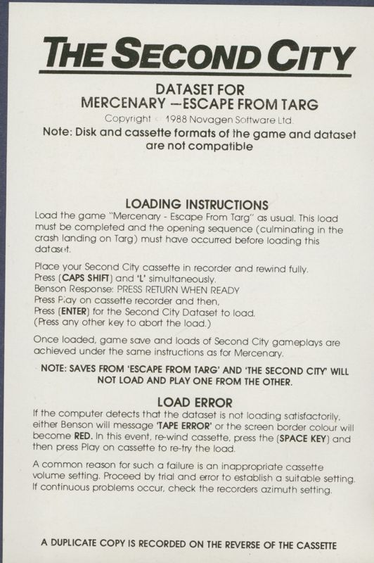 Manual for Mercenary: Escape from Targ - The Second City (ZX Spectrum)