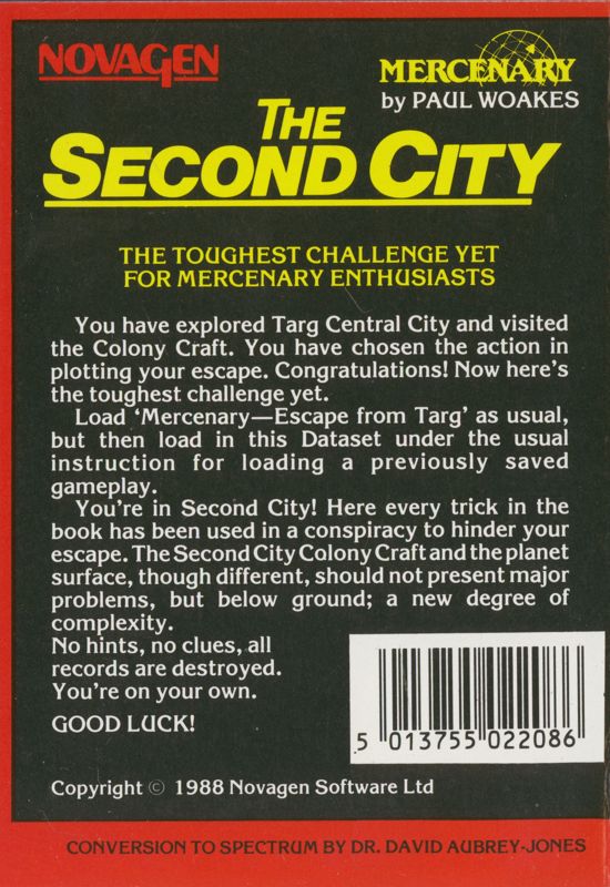Back Cover for Mercenary: Escape from Targ - The Second City (ZX Spectrum)
