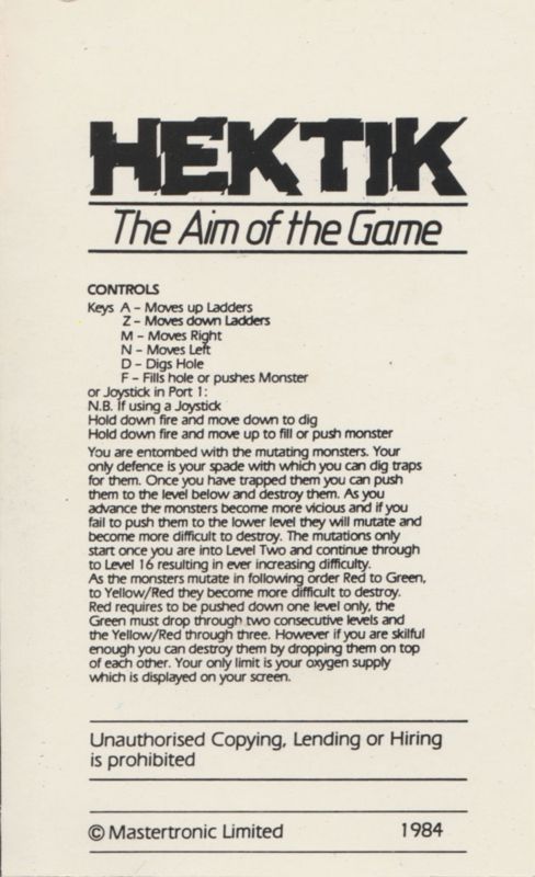 Inside Cover for Hektik (Commodore 64) (Mastertronic 199 Range)
