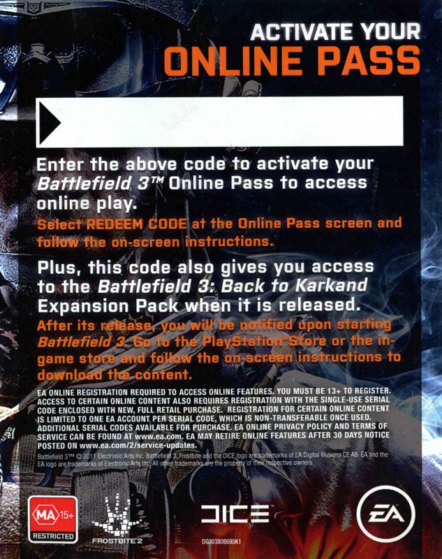 Extras for Battlefield 3: Limited Edition - Physical Warfare Pack (PlayStation 3): Online pass - back