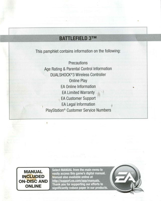 Extras for Battlefield 3: Limited Edition - Physical Warfare Pack (PlayStation 3): Warranty - back