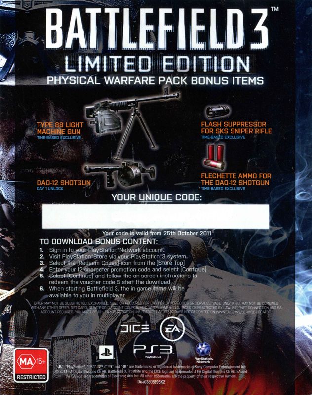 Extras for Battlefield 3: Limited Edition - Physical Warfare Pack (PlayStation 3): Online pass - front