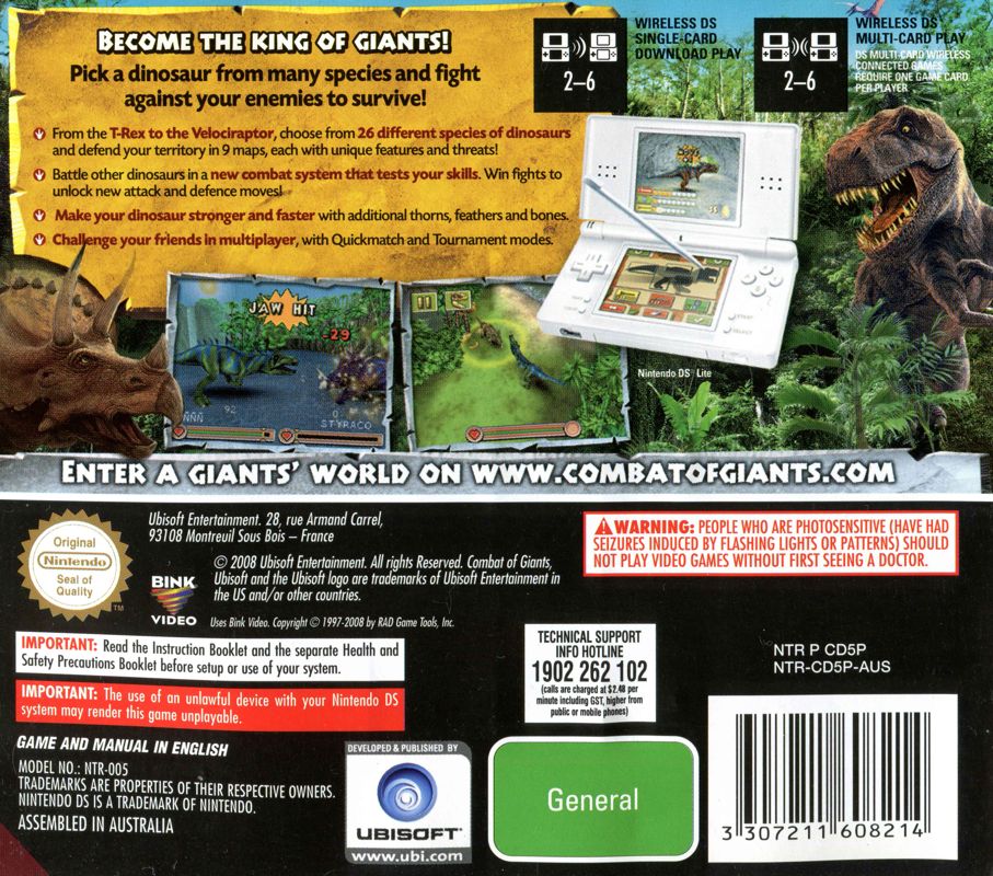 Back Cover for Battle of Giants: Dinosaurs (Nintendo DS)