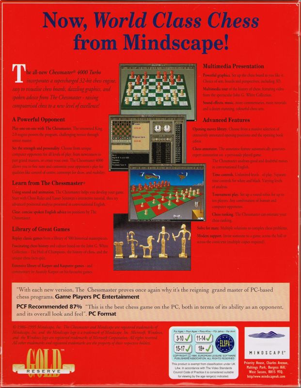 Back Cover for The Chessmaster 4000 Turbo (Windows 3.x)