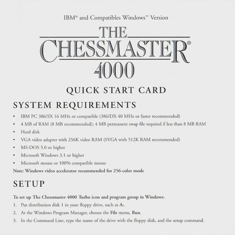 Reference Card for The Chessmaster 4000 Turbo (Windows 3.x): Front
