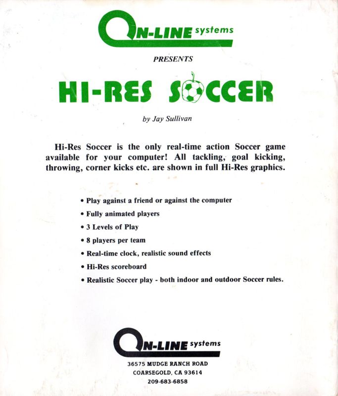 Back Cover for Hi-Res Soccer (Apple II)