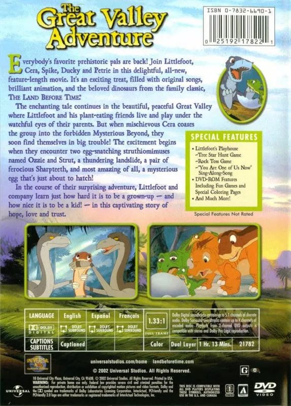 Back Cover for The Land Before Time: The Great Valley Adventure (included games) (DVD Player)