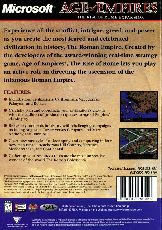 Back Cover for Age of Empires: The Rise of Rome (Windows) (SmartSaver release)