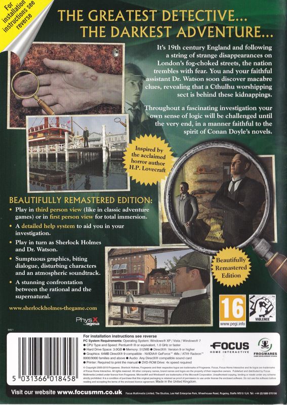 Back Cover for Sherlock Holmes: The Awakened - Remastered Edition (Windows) (Focus Essentials release)