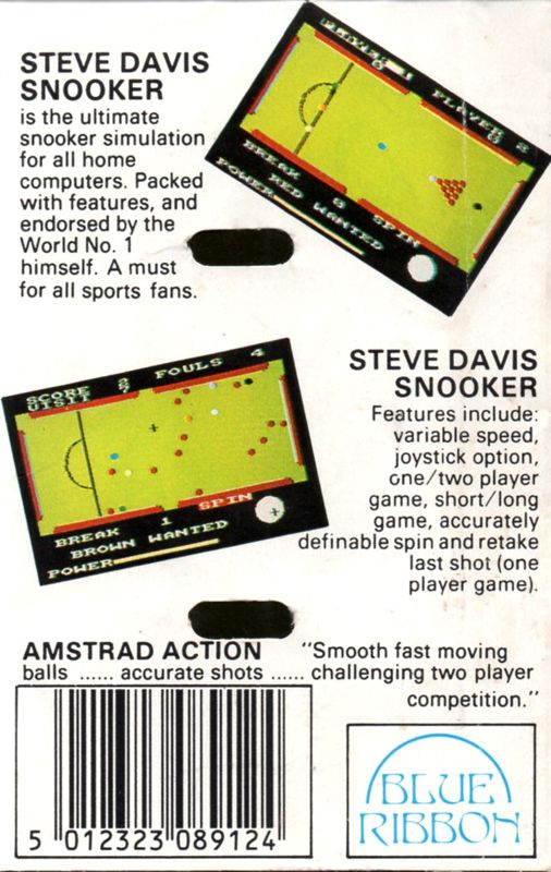 Back Cover for Steve Davis Snooker (Amstrad CPC)