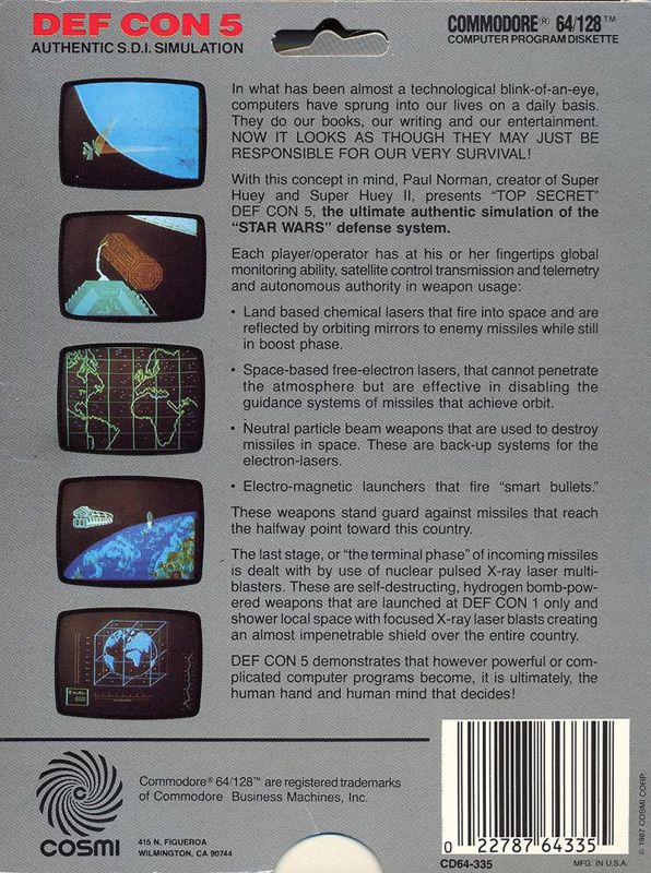 Back Cover for Defcon 5 (Commodore 64)