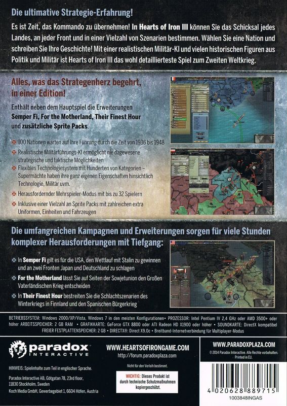 Back Cover for Hearts of Iron III: Complete Edition (Windows)