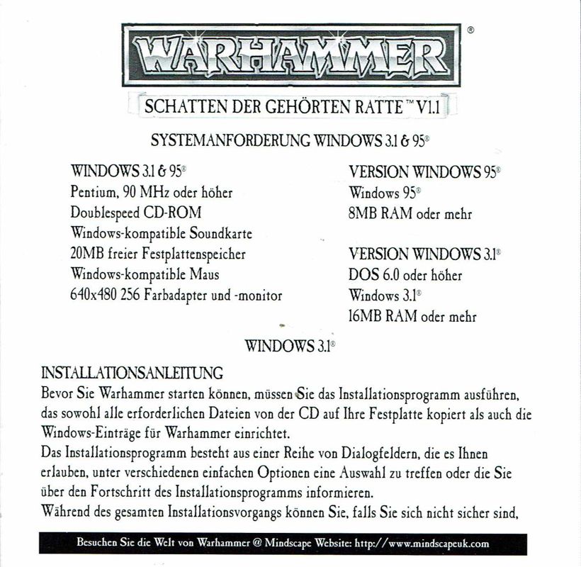 Extras for Warhammer: Shadow of the Horned Rat (Windows and Windows 3.x) (Cash & Carry budget release): Install Instructions - Front