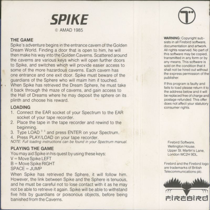 Inside Cover for Spike (ZX Spectrum)