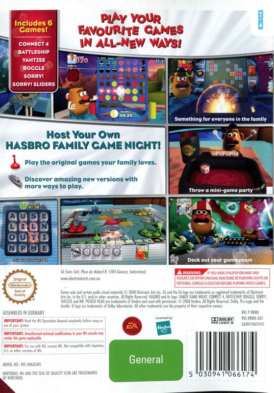 Back Cover for Hasbro Family Game Night (Wii)