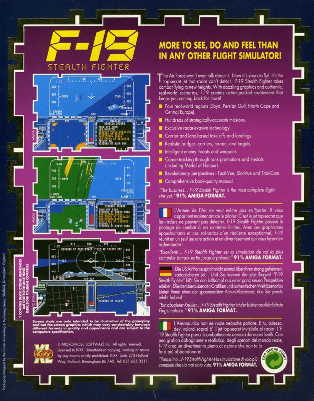 Back Cover for F-19 Stealth Fighter (DOS) (Kixx XL release (alternate print))