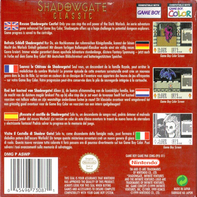 Back Cover for Shadowgate Classic (Game Boy Color)
