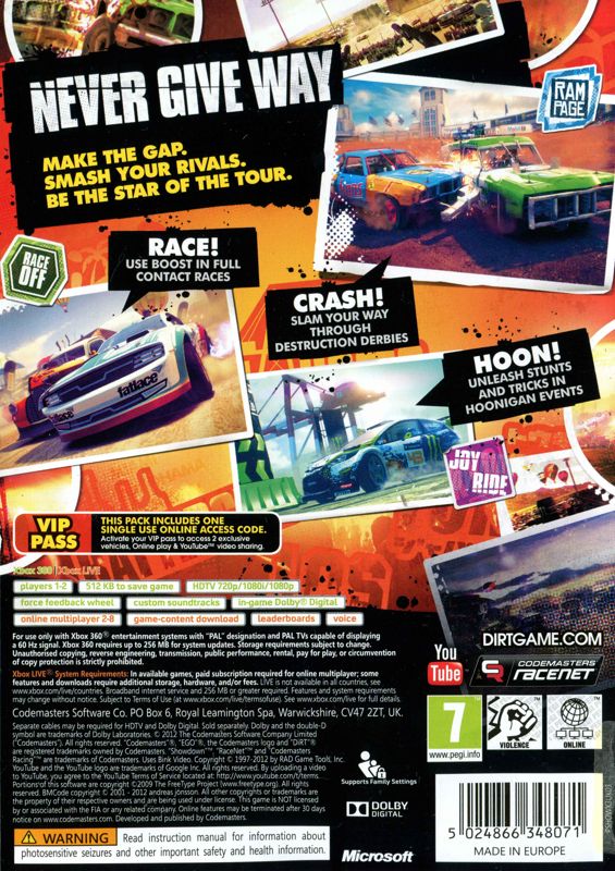Back Cover for DiRT: Showdown (Xbox 360)