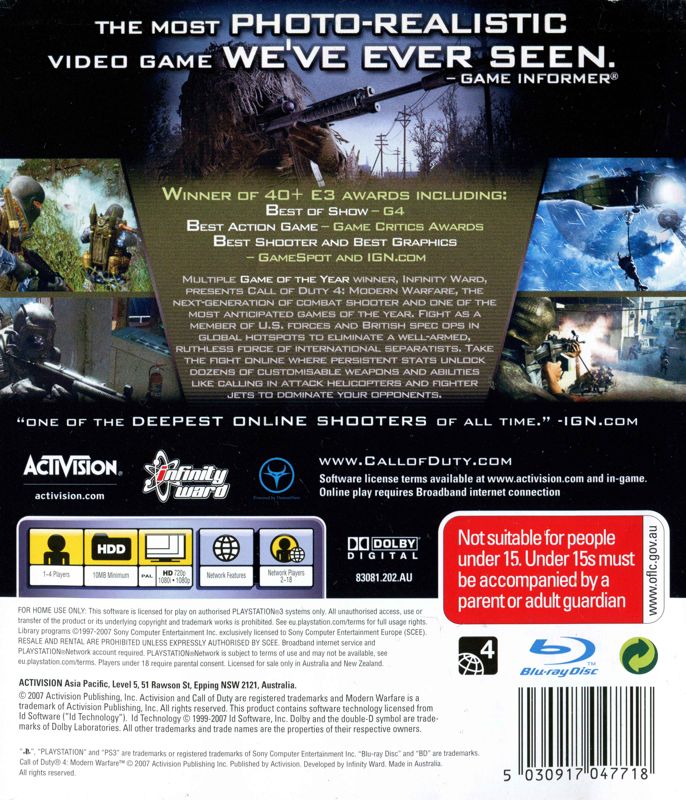 Back Cover for Call of Duty 4: Modern Warfare (PlayStation 3)