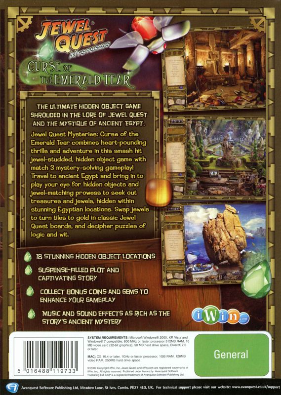 Back Cover for Jewel Quest Mysteries: Curse of the Emerald Tear (Windows)